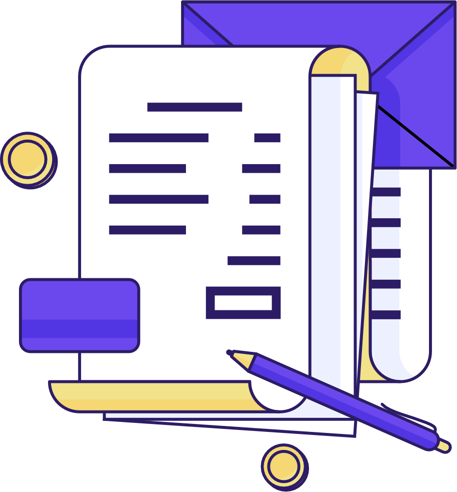 Illustration of a check, documents, pen, card and coins symbolizing the budget